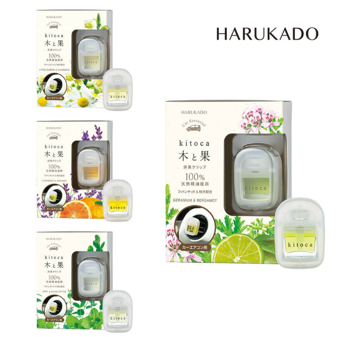 HARUKADO Ki to Ka 車載冷氣空氣清新劑夾。採用100%天然精油製成。帶有薄荷、洋甘菊、尤加利、天竺葵和佛手柑的芳香療法室內香氛。